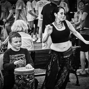 July First Friday • April Monique belly-dancing in the drum circle…