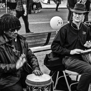 April 2018 • Area pianist Duke Thompson and friend join the drum circle